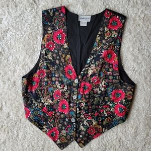 Embellished vintage vest by Fashion Passport size large with red roses